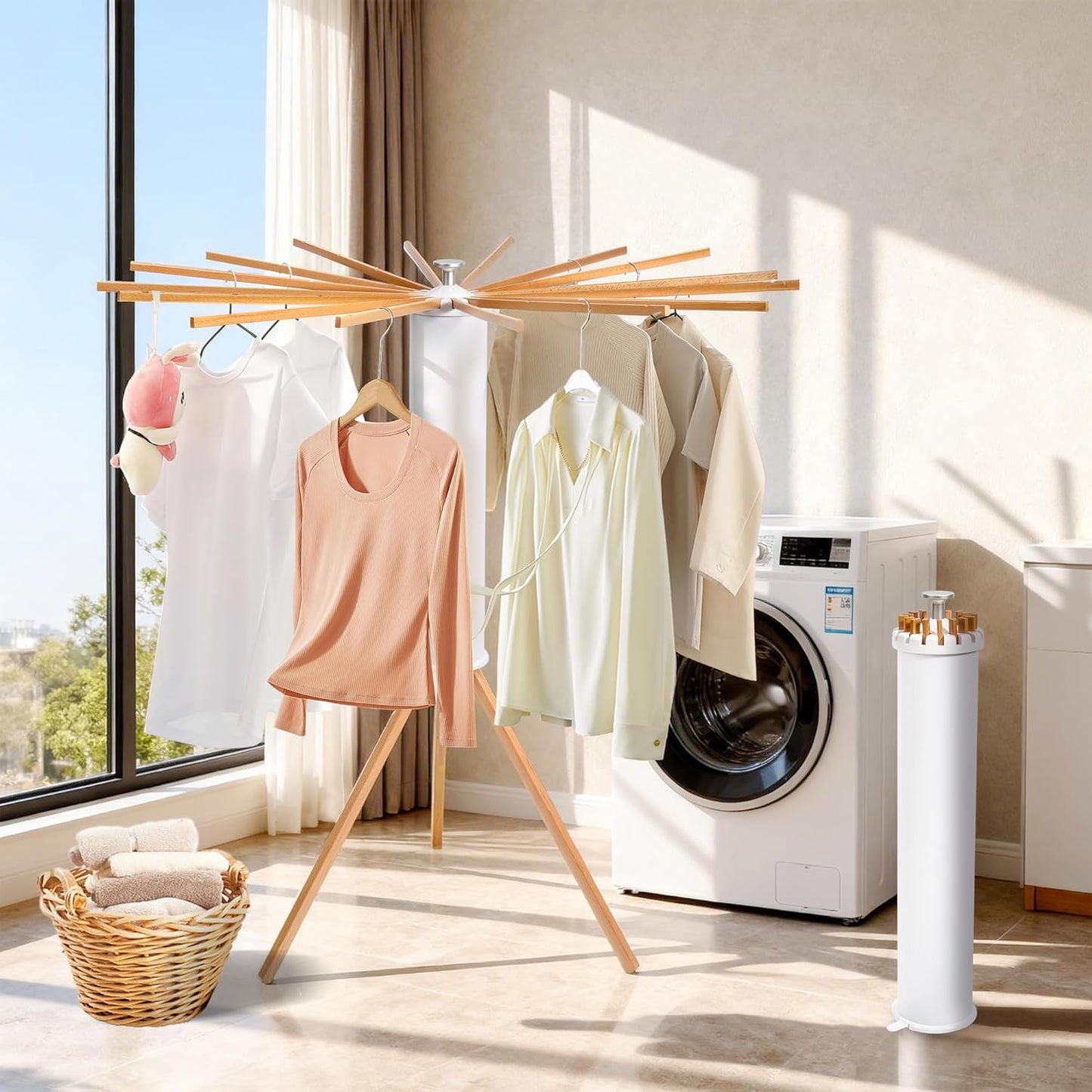 ZOFGENOW Clothes Drying Rack, Foldable Wooden Tripod Drying Rack Clothing for Small Apartments Balcony Bedroom, Portable Space Saving Laundry Rack, Floor Standing with 16 Poles for Indoor Air Drying