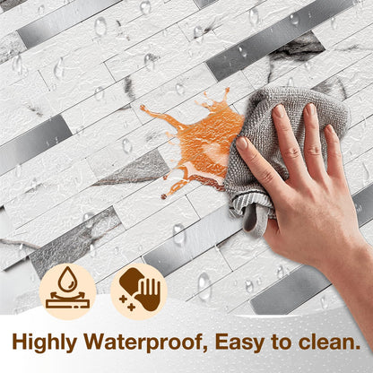 Peel and Stick Backsplash Tile Waterproof Removable PVC Wall Sticker 3D Faux Stone Marble Brick White Accent Panels (White Marble - Metal Silver, 20 Tiles - 9 sq. ft. (0.84 M²))
