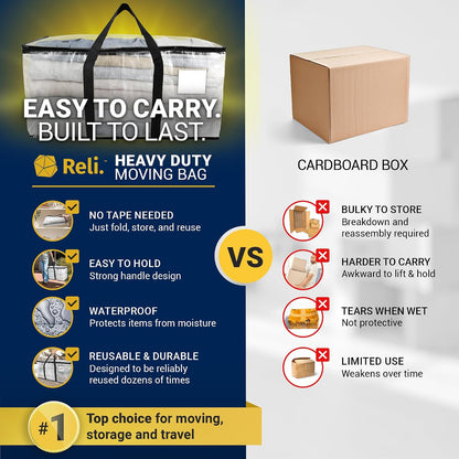 Reli. Moving Bags Heavy Duty (2 Pack) | Extra Large Totes for Storage & Packing | Small Space & Dorm Room Essentials | Packing Bags with Handles & Zippers | Alternative to Moving Boxes (Clear)