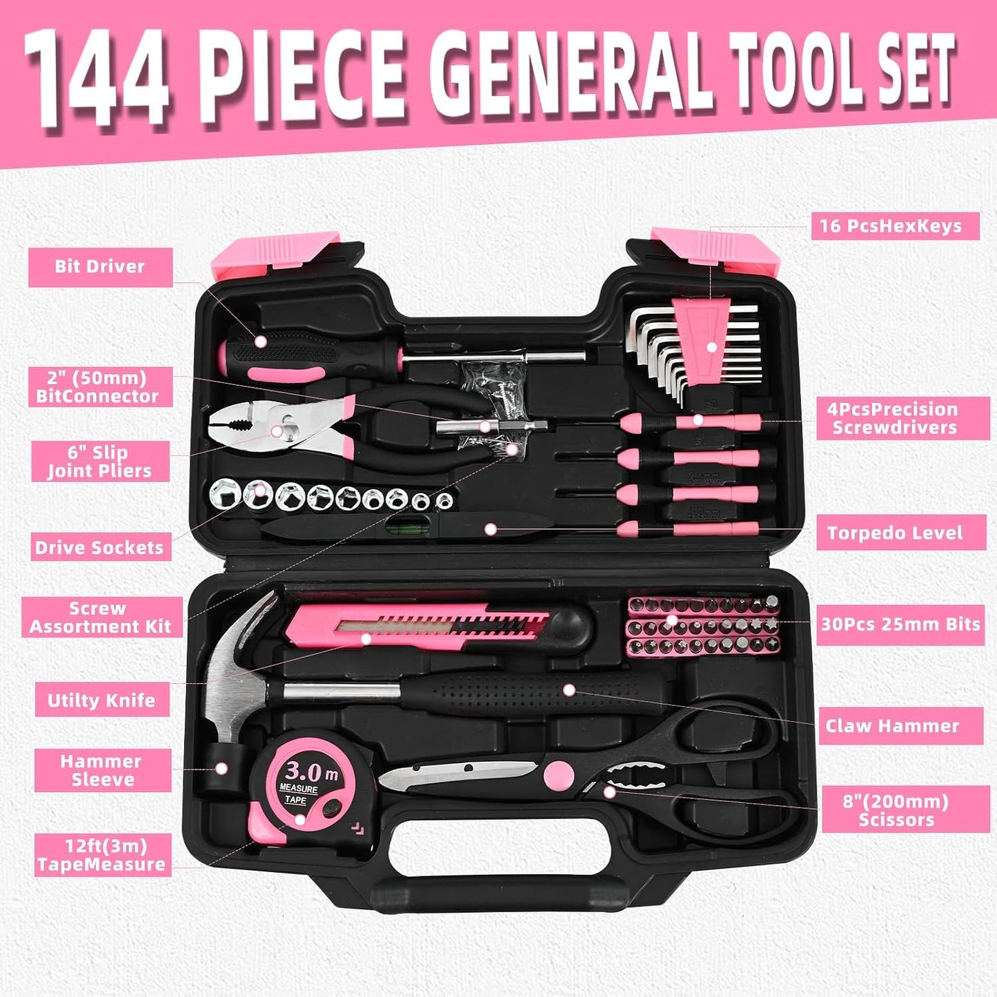 144-Piece General Household Hand Tool Kit with Plastic Toolbox Pink | Basic General Hand Tool Kit, Household Tool Set, for Home Repair, Office & College Dormitory Use, Daily Use for Women