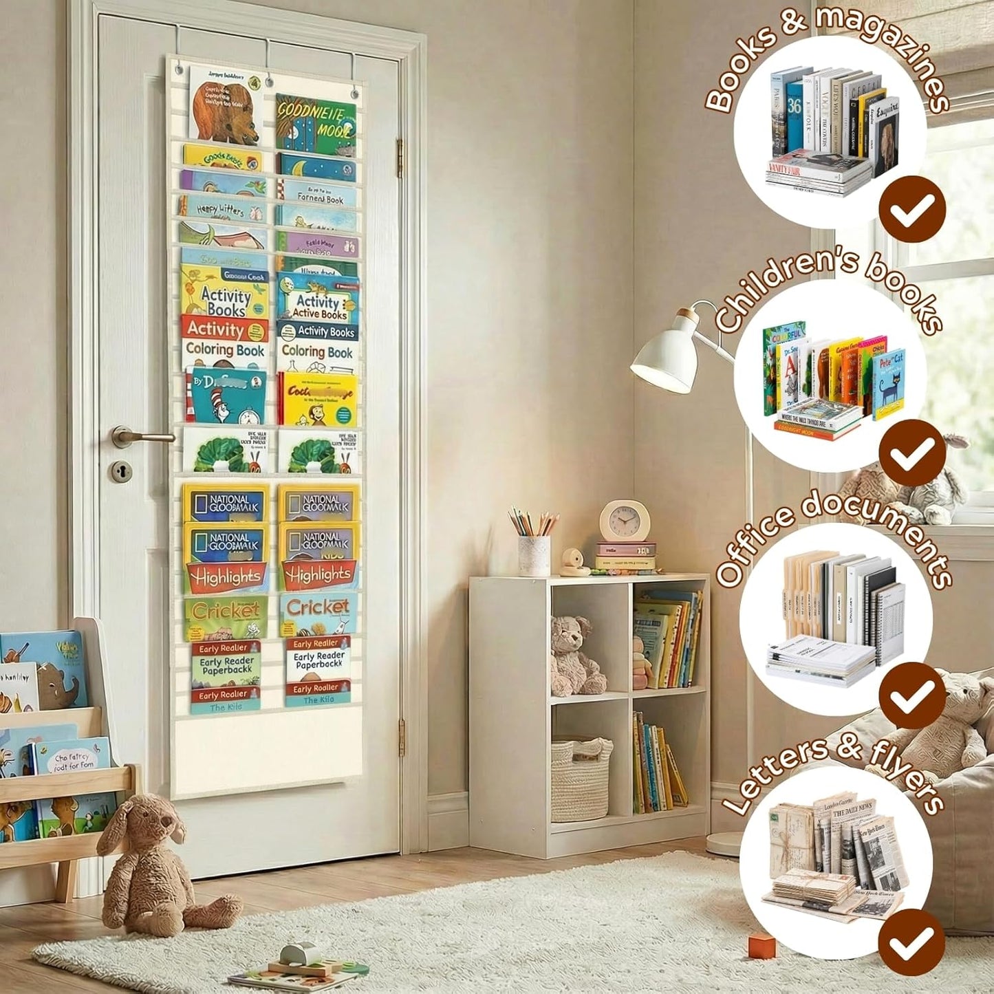 26-Pocket Over The Door File Organizer - Vertical Hanging Storage for Magazines, Documents & Paper, Heavy-Duty Door Organizer for Office, Classroom & Home