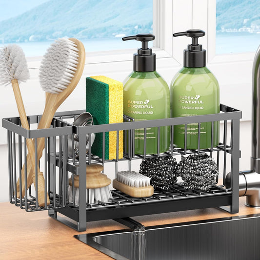Liuoud Sponge Holder for Kitchen Sink, 2 Tier Sink Caddy Organizer Countertop with Dish Brush Holder and 360° Drain Tray, Rustproof Stainless Steel Dish Soap Storage Rack Set for Accessories Grey
