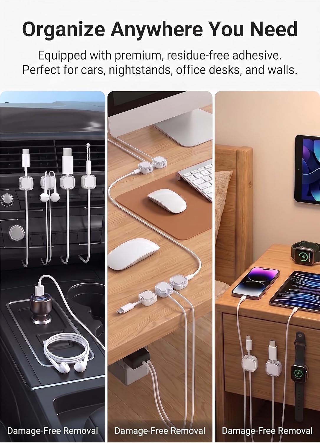 6-Pack Glow in The Dark Magnetic Cable Clips for Desk, Car | Self-Adhesive, Cord Organizer, Wire Holder, for Nightstand, Under Desk, Car, Wall, Home & Office