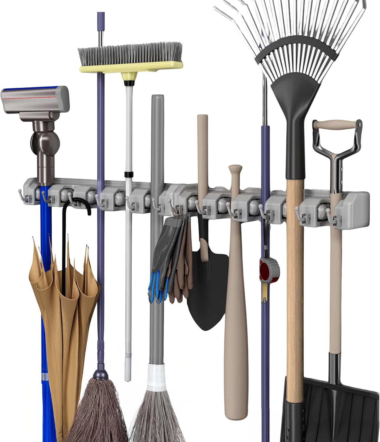 Wall Organizer with Adjustable Slots and Hooks - Wall-Mounted Tool and Broom Holder - Organization and Storage for the Kitchen and Garage by Stalwart