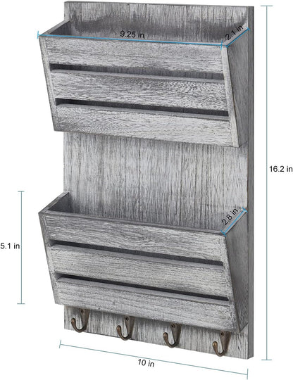 BTY Mail Sorter Wall Mounted, Wooden Mail Holder with 4 Key Hooks, 2 Slot Letter Bills Newspaper Magazine Organizer for Entryroom Hallway Office Garage, Gray White
