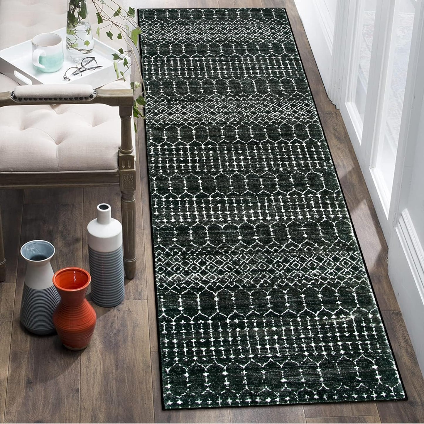 Lahome Moroccan Entry Rug 2x3, Non-Slip Washable Front Indoor Door Mat Rubber Backing Low-Profile Door Rugs, Small Geometric Print Distressed for Entryway Bathroom Kitchen, Black Hana