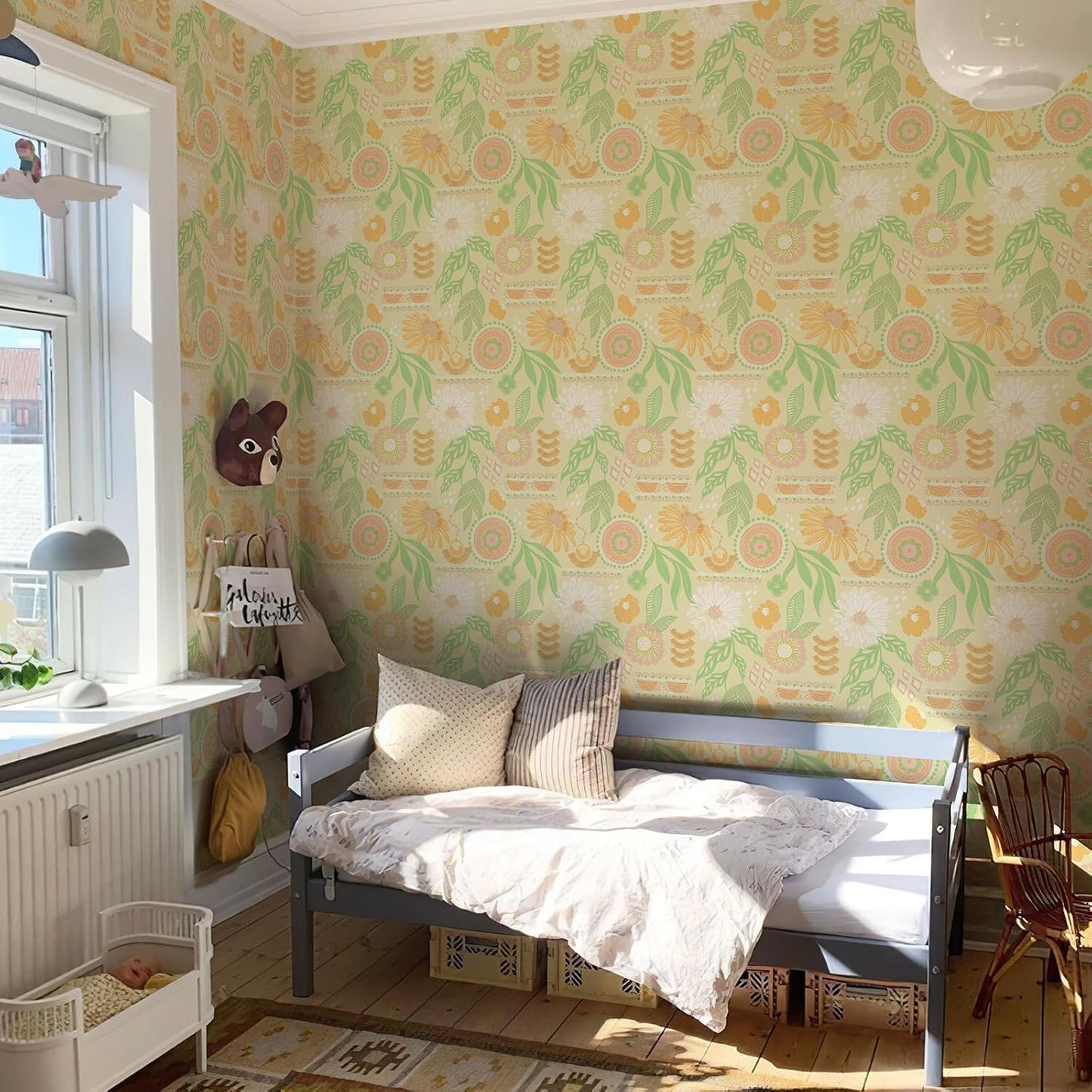 Simon&Siff Boho Peel and Stick Wallpaper, 17.3" x 80" Sun Floral Retro Contact Paper Removable Self Adhesive Wall Paper for Cabinets Furniture Bedroom Nursery Bathroom Renter Friendly DIY Decor