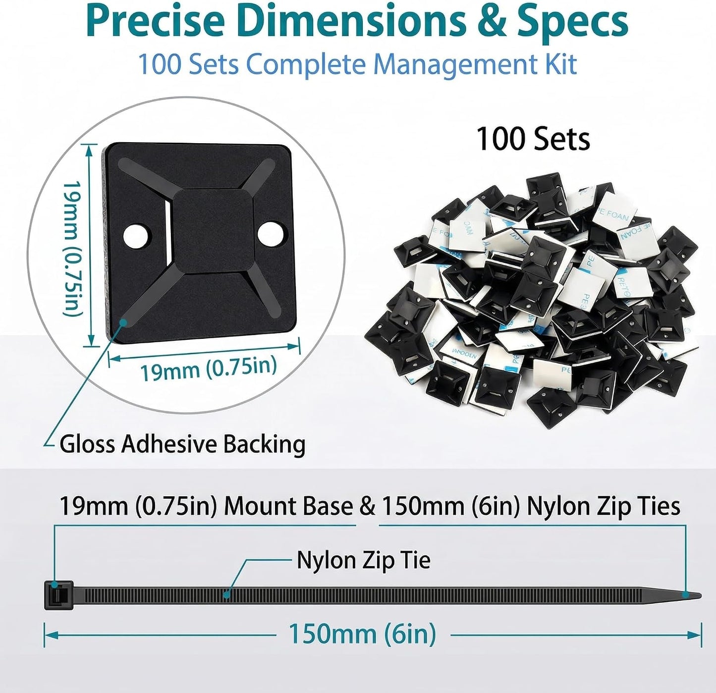 Zip Tie Mounts - SeuYeugX 100PCS Cable Self Adhesive Mounts Set for Wire Management with Stick Pads Anchors Clips Squares Holders (Black)