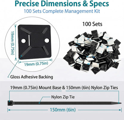 Zip Tie Mounts - SeuYeugX 100PCS Cable Self Adhesive Mounts Set for Wire Management with Stick Pads Anchors Clips Squares Holders (Black)