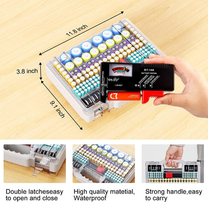 Tututry Battery Organizer Storage Holder Box Case with Tester, Ultra-Large 262+ Batteries Container with Double-Sided, Holds AA AAA 4A 23A C D Cell 9V 3V Lithium 4LR44 CR3 CR123A 18650 (Red)