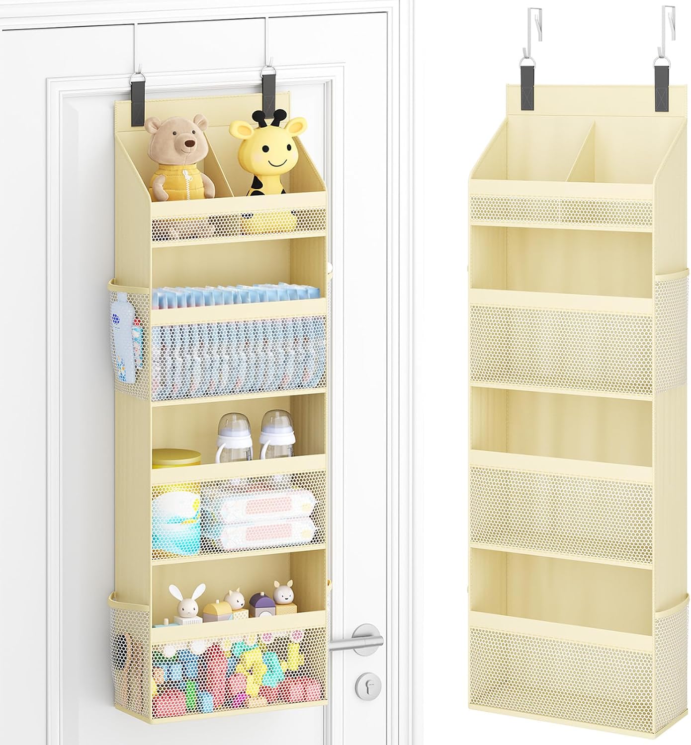 Lifewit 4 Tier Over the Door Diaper Organizer for Nursery, Large Heavy Duty Hanging Storage with 4 Mesh Side Pockets, Sturdy Back of Door Shelf for Baby Stuff Toy in Pantry, Laundry, Bathroom, Gray