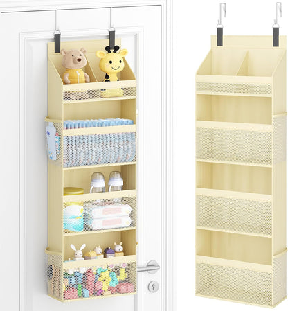 Lifewit 4 Tier Over the Door Diaper Organizer for Nursery, Large Heavy Duty Hanging Storage with 4 Mesh Side Pockets, Sturdy Back of Door Shelf for Baby Stuff Toy in Pantry, Laundry, Bathroom, Gray