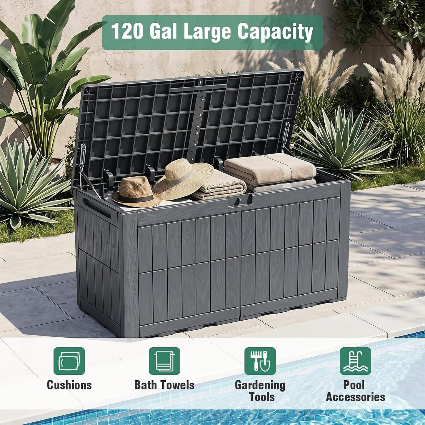 Tangkula 25 Gallon Waterproof Outdoor Storage Box with Lockable Lid | PP Resin, Wicker Patterned, Indoor Outdoor Use, Portable, Versatility, for Deck, Pool, Patio Cushions, Garden Tools
