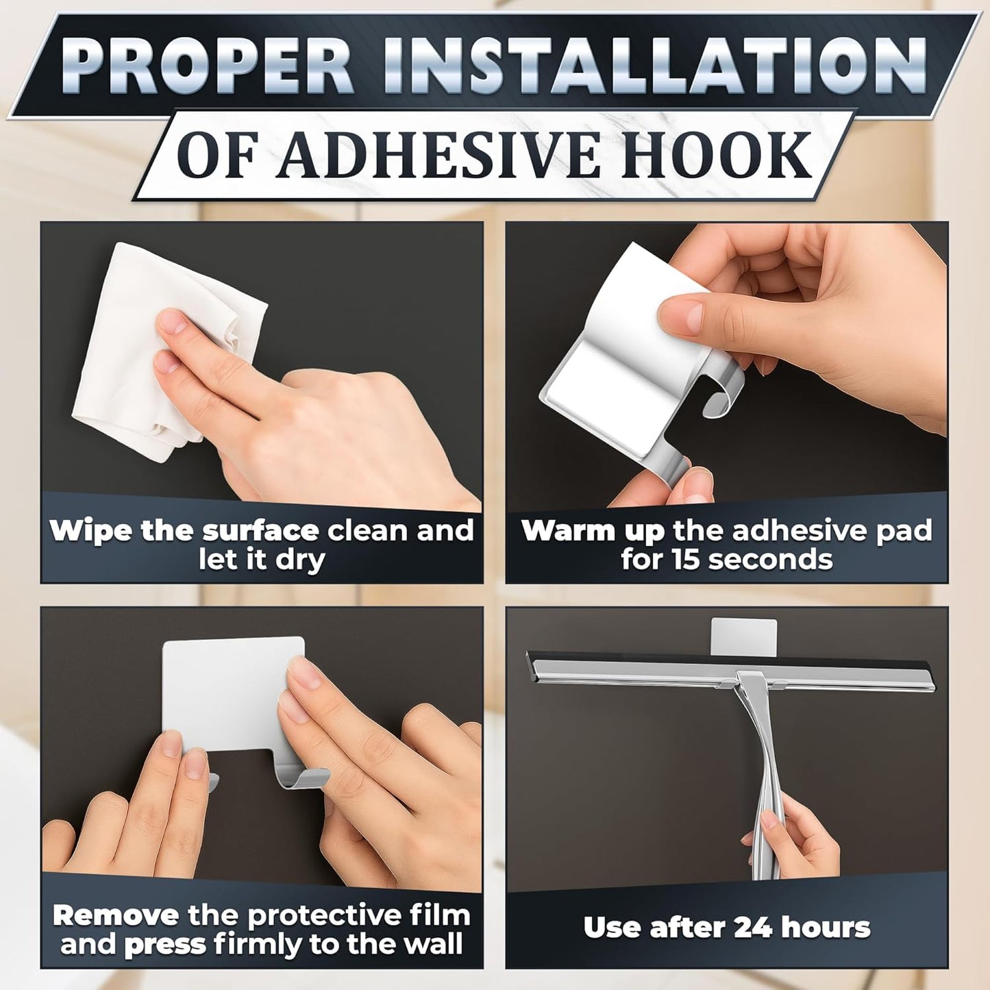 Shower Door Squeegee with Adhesive & Hanging Hooks, 12" Silicone Blade - Stainless Steel All-Purpose Squeegee for Shower Glass, Bathroom Mirror Cleaner Tool Suitable for Tile Walls - Multi-Surface Use