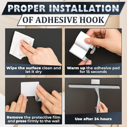 Shower Door Squeegee with Adhesive & Hanging Hooks, 12" Silicone Blade - Stainless Steel All-Purpose Squeegee for Shower Glass, Bathroom Mirror Cleaner Tool Suitable for Tile Walls - Multi-Surface Use