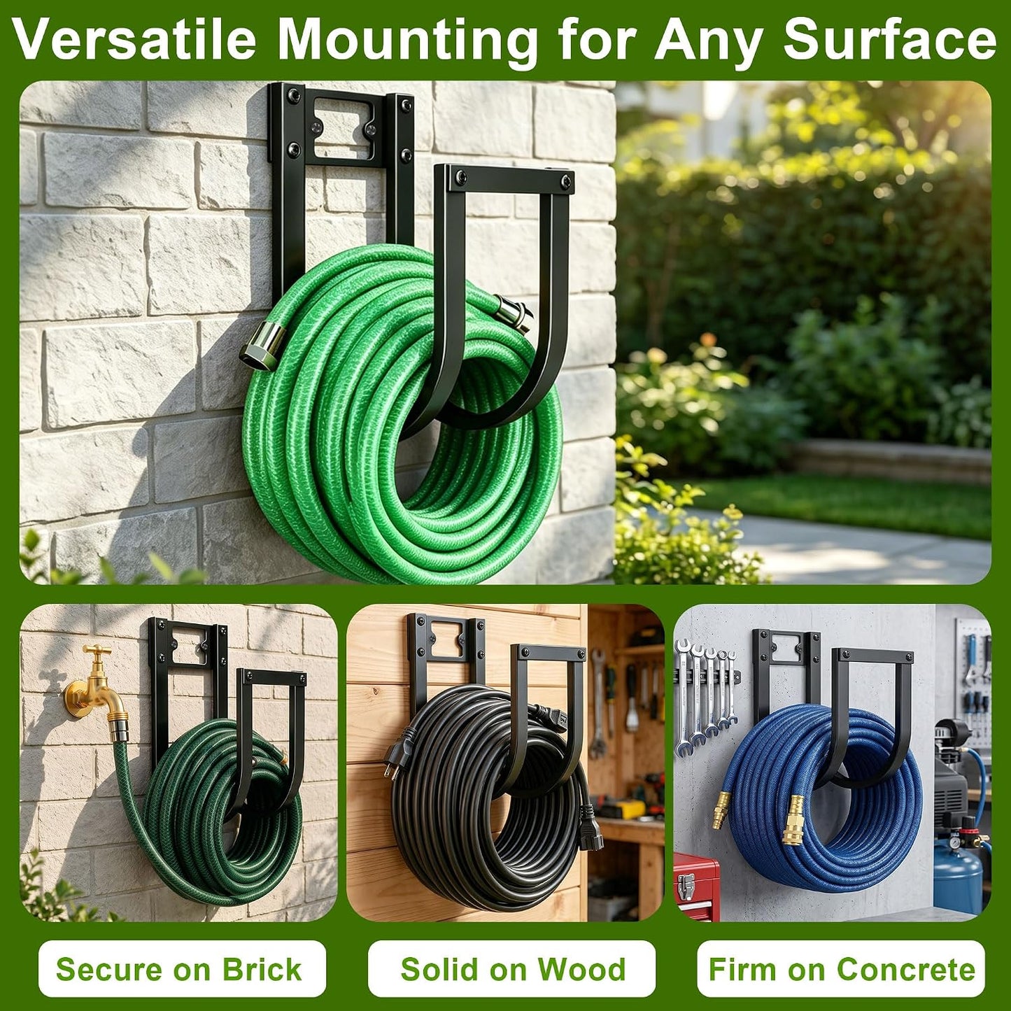 Garden Hose Holder Wall Mount - Heavy Duty Water Hose Holders for Outside, Detachable Garden Hose Hanger Holds 100 Ft, Metal Water Hose Storage for Garden Garage or Yard