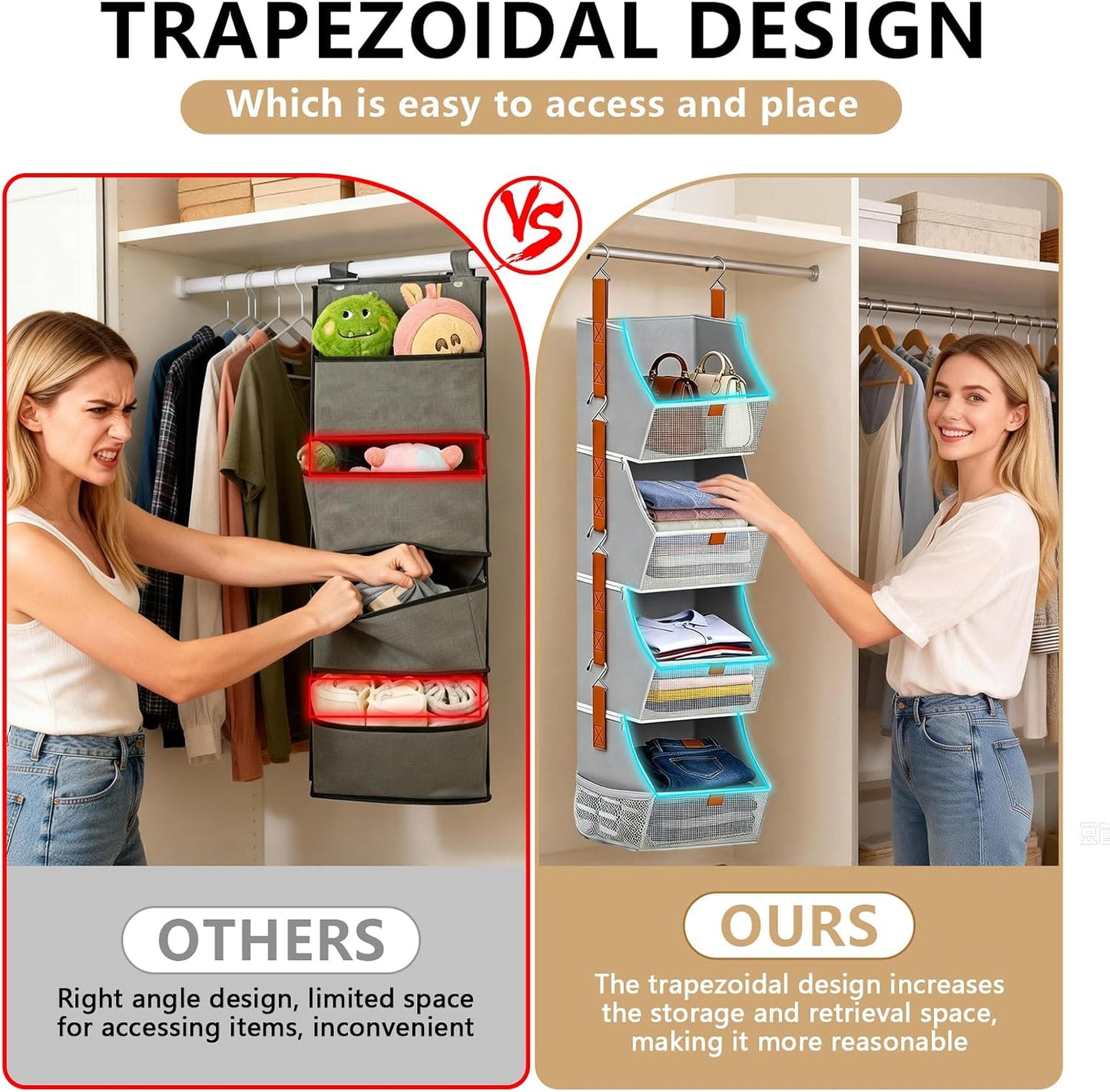 Fabric 4 Tier Hanging Closet Organizers Heavy Duty Shelf Hanging Storage Towel Clothes Sweater Jeans Bag Organizer For Closet For Bedroom,Dorm,RV,See Through Front Panel, Space-Saving (Beige-4Tier)