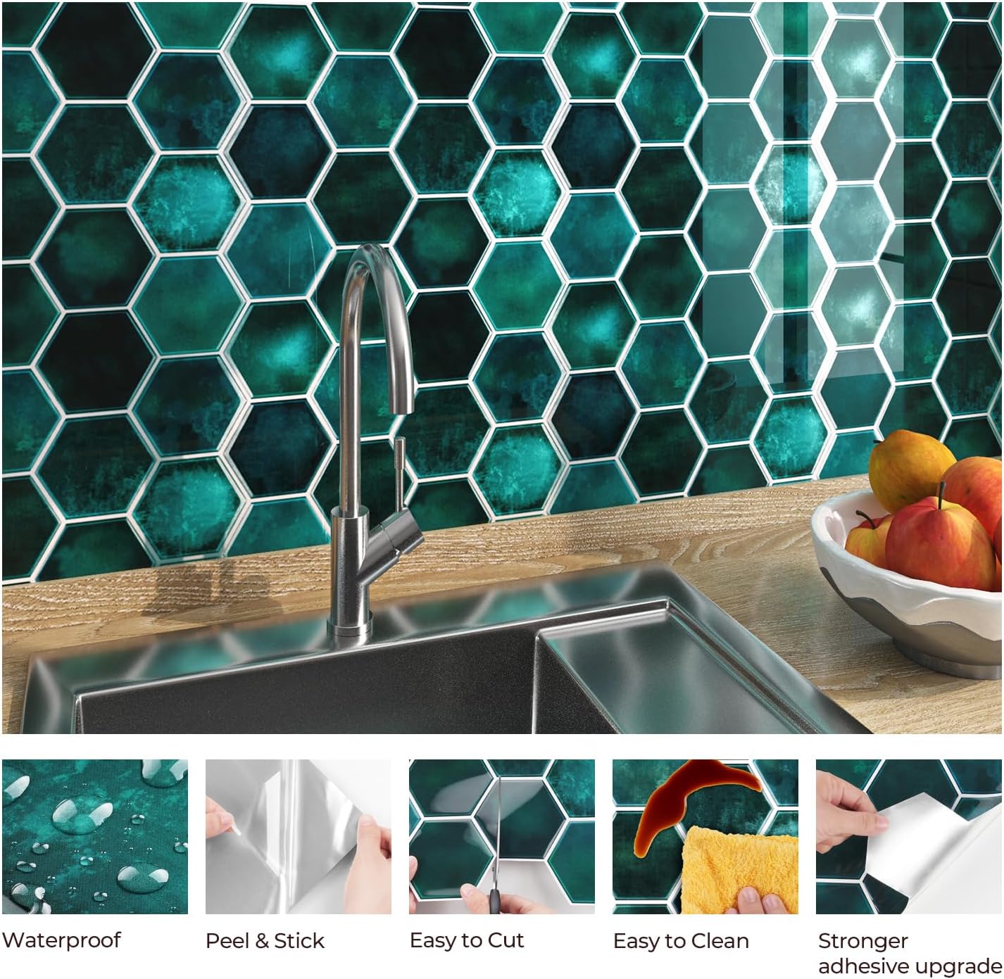 FunStick Dark Green Peel and Stick Backsplash Tile Stickers for Kitchen 12"x12" 3D Hexagon Self Adhesive Wall Tiles Peel and Stick Backsplash Stick on Tile for Bathroom Shower RV Waterproof 5 Sheets
