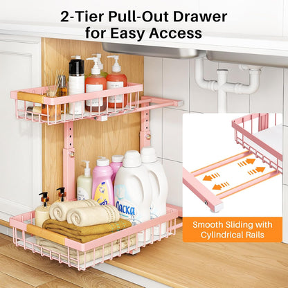 PXRACK Under Sink Organizer, Adjustable Height, 2 Tier Pull Out Under Cabinet Organizer, Slide Out Thickened Metal Under Sink Storage for Kitchen Bathroom Laundry Pantry Cabinet, White, Large-1-Pack