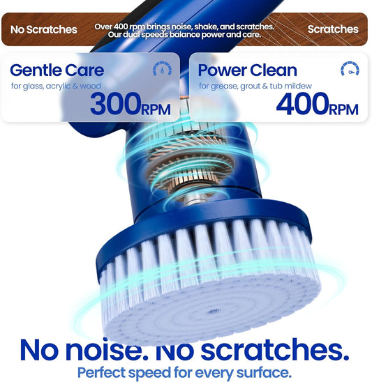 2026 Upgraded Electric Spin Scrubber: 120 Min Runtime, IPX7 Waterproof Cordless Power Scrubber, Adjustable Extension Handle, 8 Heads, 2 Speeds for Shower, Tub, Tile & Floor