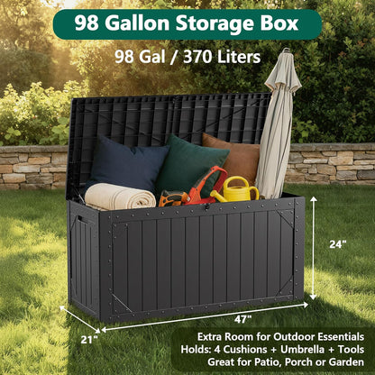 Outdoor Storage Box, 98 Gallon Deck Box, Outdoor Storage Bench, Waterproof Resin Storage Bench with Lockable Lid, Patio Furniture Cushions & Garden Tools Storage, UV Resistant (Black)