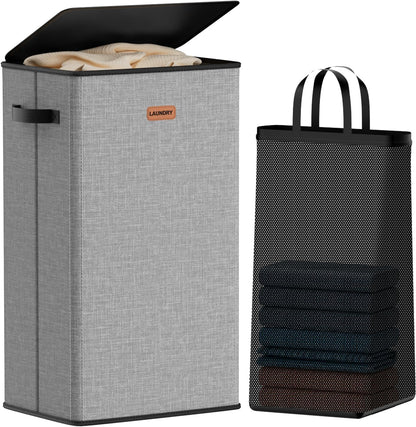185L Laundry Hamper 3 Section, Laundry Hamper with Lid, Dirty Clothes Hamper with 3 Removable Washing Bags, Extra Large Laundry Basket Organizer for Bedroom, Laundry Room, Dorm - Black