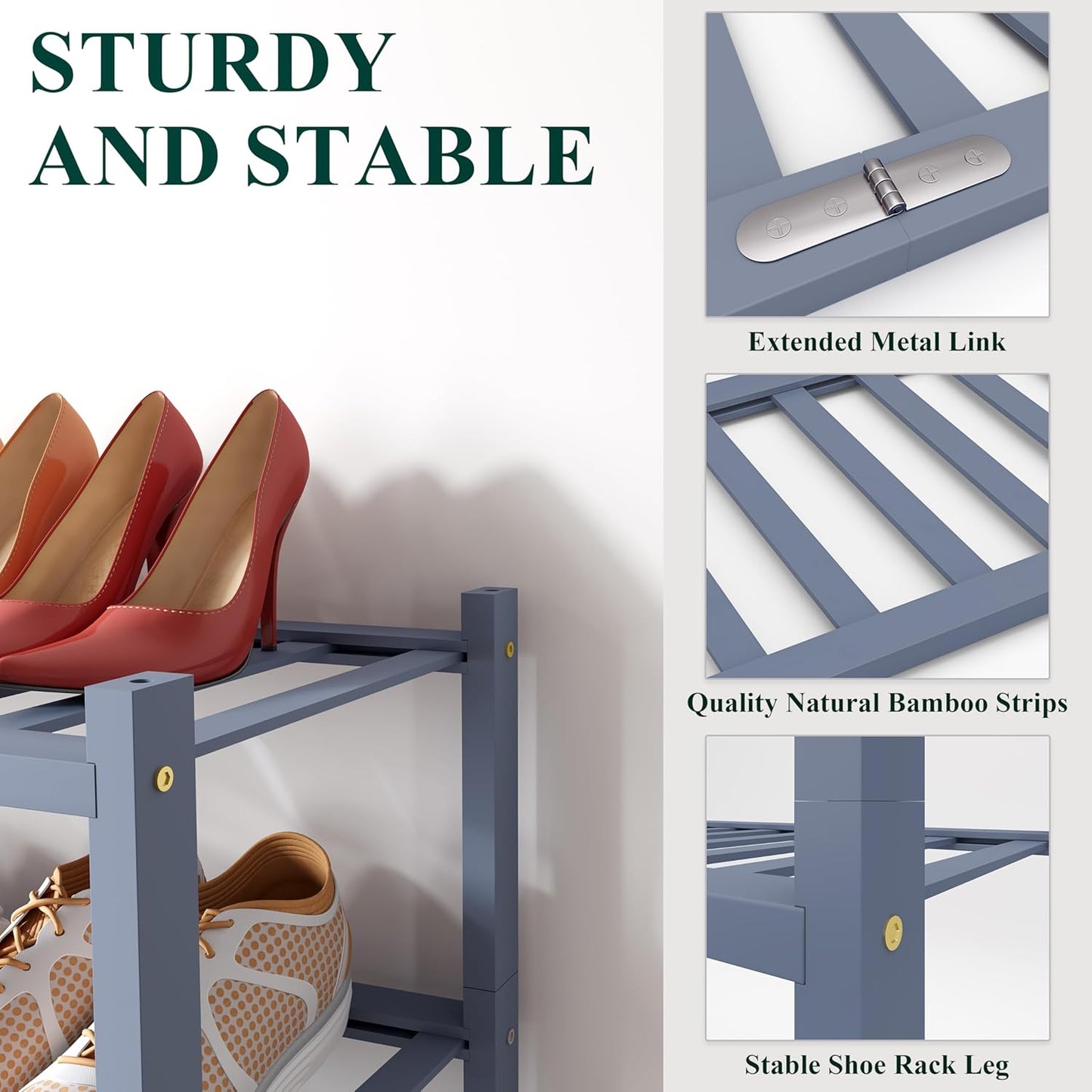 Smiry Bamboo Shoe Rack for Closet, 3 Tier Wooden Shoe Organizer, Stackable Wood Shoe Storage Shelf for Entryway, 14 Vertical Slats, One-piece Heavy-Duty Legs, 26.77"x11.02"x18.31", Natural