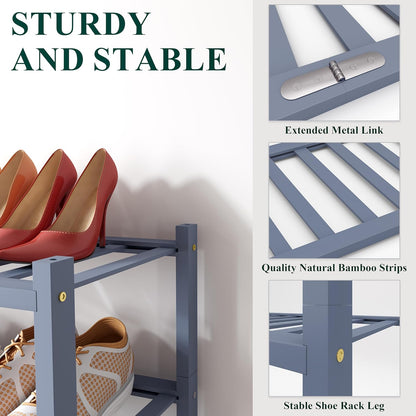 Smiry Bamboo Shoe Rack, 3 Tier Free Standing Wooden Shoe Organizer, Stackable Wood Shoe Storage Shelf for Closet, Entryway, 12 Vertical Slats, 2+1 Stack Standard Legs, 26.8"x11"x19.5", Natural