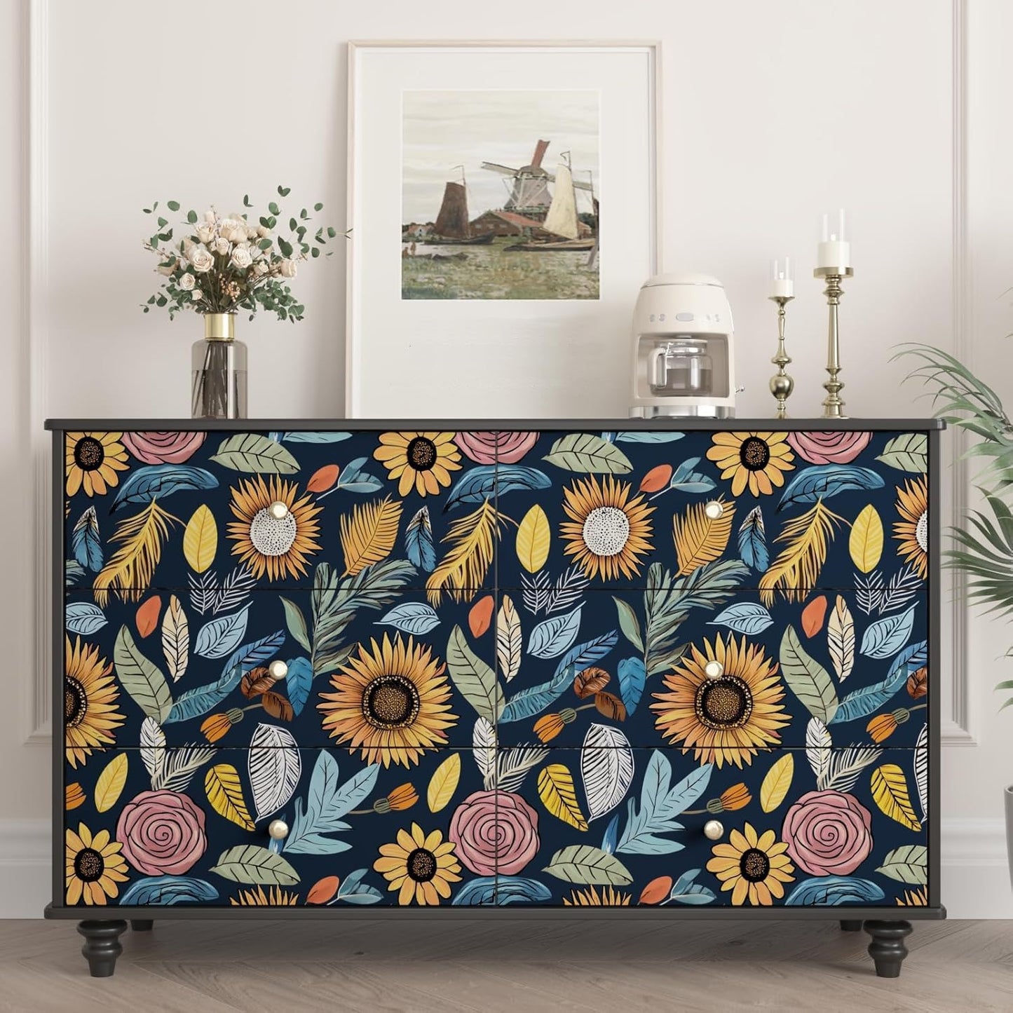 Blue Wallpaper Peel and Stick,Vintage Boho Floral Contact Paper 17.5" x 118", Retro Botanical Flower Wall Paper Self Adhesive Removable Waterproof for Walls Shelves Cabinet Table (Blue,Yellow, Green)