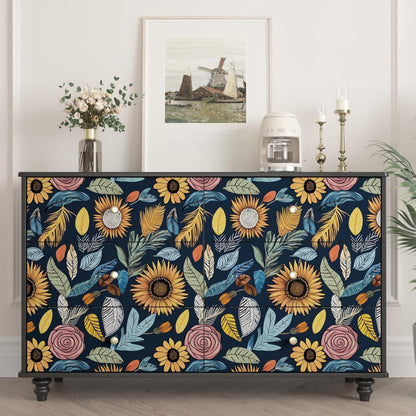 Blue Wallpaper Peel and Stick,Vintage Boho Floral Contact Paper 17.5" x 118", Retro Botanical Flower Wall Paper Self Adhesive Removable Waterproof for Walls Shelves Cabinet Table (Blue,Yellow, Green)
