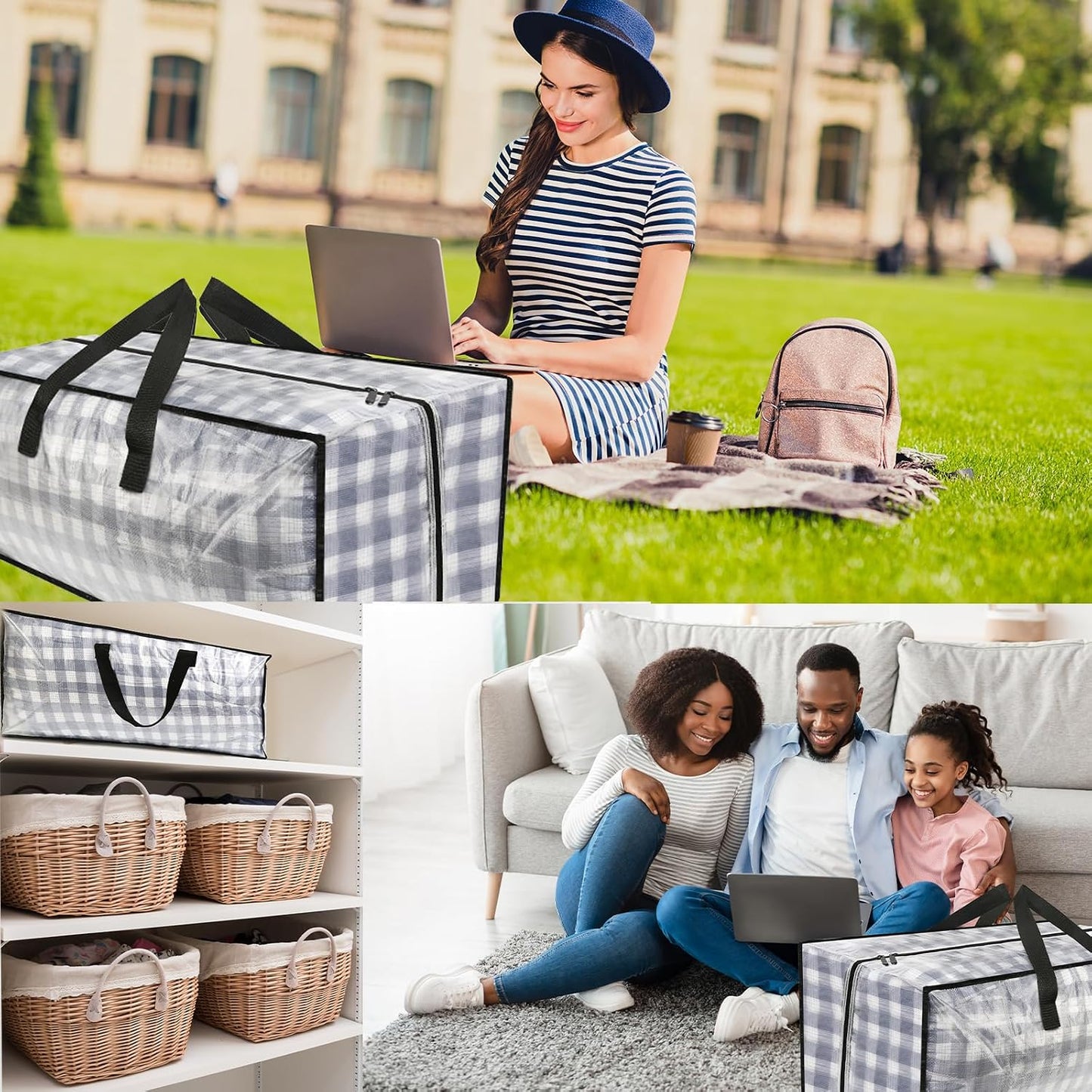 Heavy Duty Extra Large Blue Moving Bags with Strong Zipper Backpack Handles | 4 Pack Clothes Storage Bags Totes Space Saving Moving Boxes Bins Packing Bags for College Dorm Compatible with Ikea Frakta