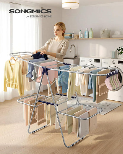 SONGMICS Clothes Drying Rack, with Sock Clips, Metal Laundry Rack, Foldable, Space-Saving, Free-Standing Airer, with 2 Height-Adjustable Gullwings, Indoor Outdoor Use, Gray ULLR052G01