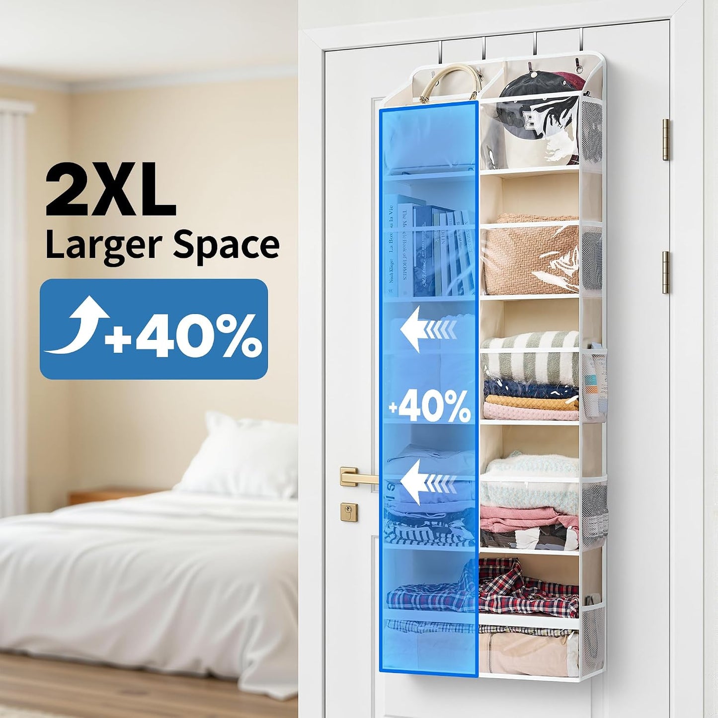 JARLINK 2 Pack Over the Door Organizer Storage, 5 Shelf Hanging Door Organizer with 5 Large Capacity Pockets, Anti Tilt 44 lb Load Behind Door Storage for Bedroom, Bathroom, Pantry, Nursery, (Grey)