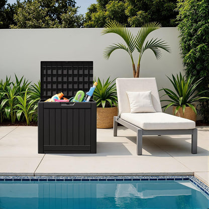 Flamaker Resin Deck Box 120 Gallon Waterproof Large Outdoor Indoor Storage Box Imitation Wood Resin for Patio Furniture Garden Tools and Pool (Black)