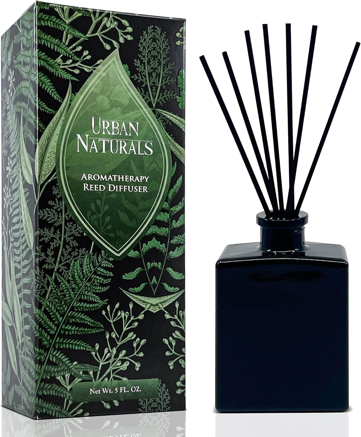 Urban Naturals Smoked Vanilla Reed Diffuser Set with Vanilla Bean, Sandalwood & Leather – 5 Ounce Sleek Black Rectangular Refillable Glass Bottle – Made in the USA