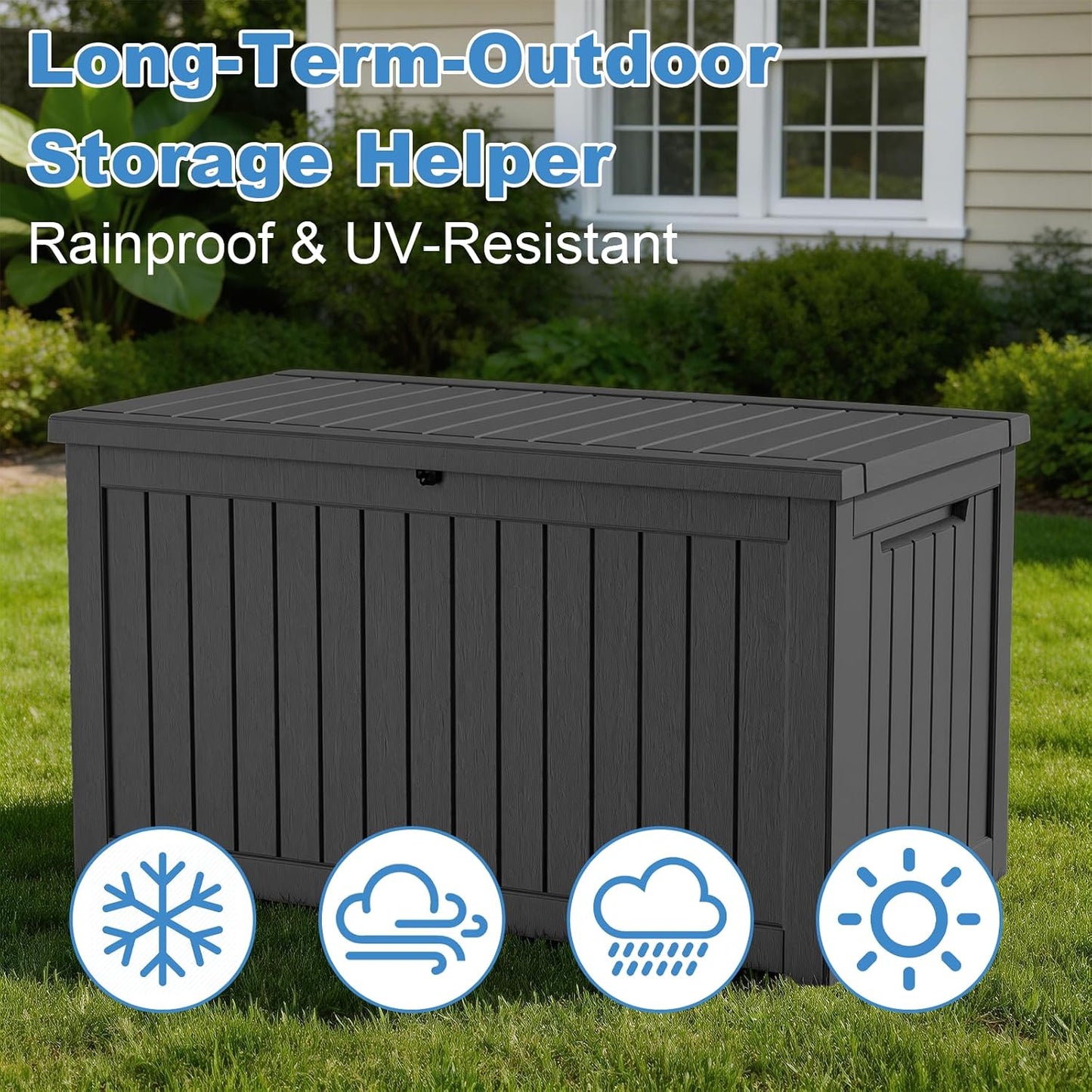 Outdoor Waterproof Resin Storage Deck Box Lockable Outside Bench UV Resistant Bin Patio Porch Furniture Pool Float Garden Tool Cushion (Black, 85 Gallon)