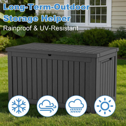 Outdoor Waterproof Resin Storage Deck Box Lockable Outside Bench UV Resistant Bin Patio Porch Furniture Pool Float Garden Tool Cushion (Black, 85 Gallon)