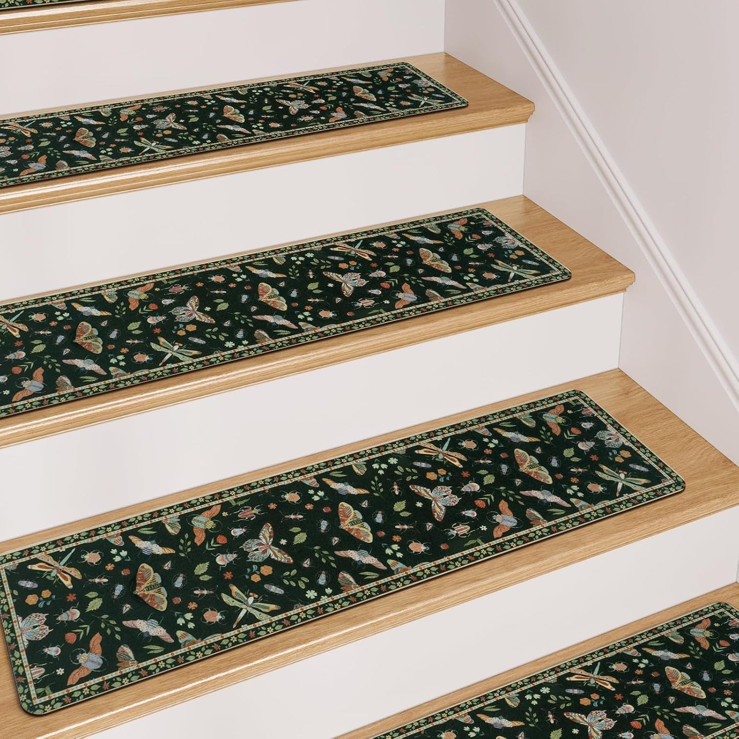 OJIA Insect Print Stair Treads Non Slip Stair Runners for Wooden Steps Indoor, 15PCS 8"x30" Rubber Backing Carpet Treads for Wood Stairs Staircase Step Treads for Kids & Dogs, Stair Covers, Black