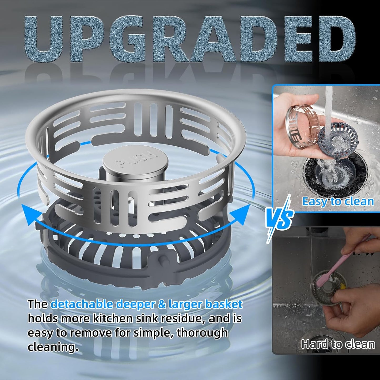 Hibbent Upgraded 3 in 1 Kitchen Sink Drain Strainer, Stainless Steel Pop Up Sink Stopper, Larger Anti-Clogging Basket, 3-Layer Seal, Detachable Drain Plug for US Standard 3-1/2" Drain, Brushed Nickel