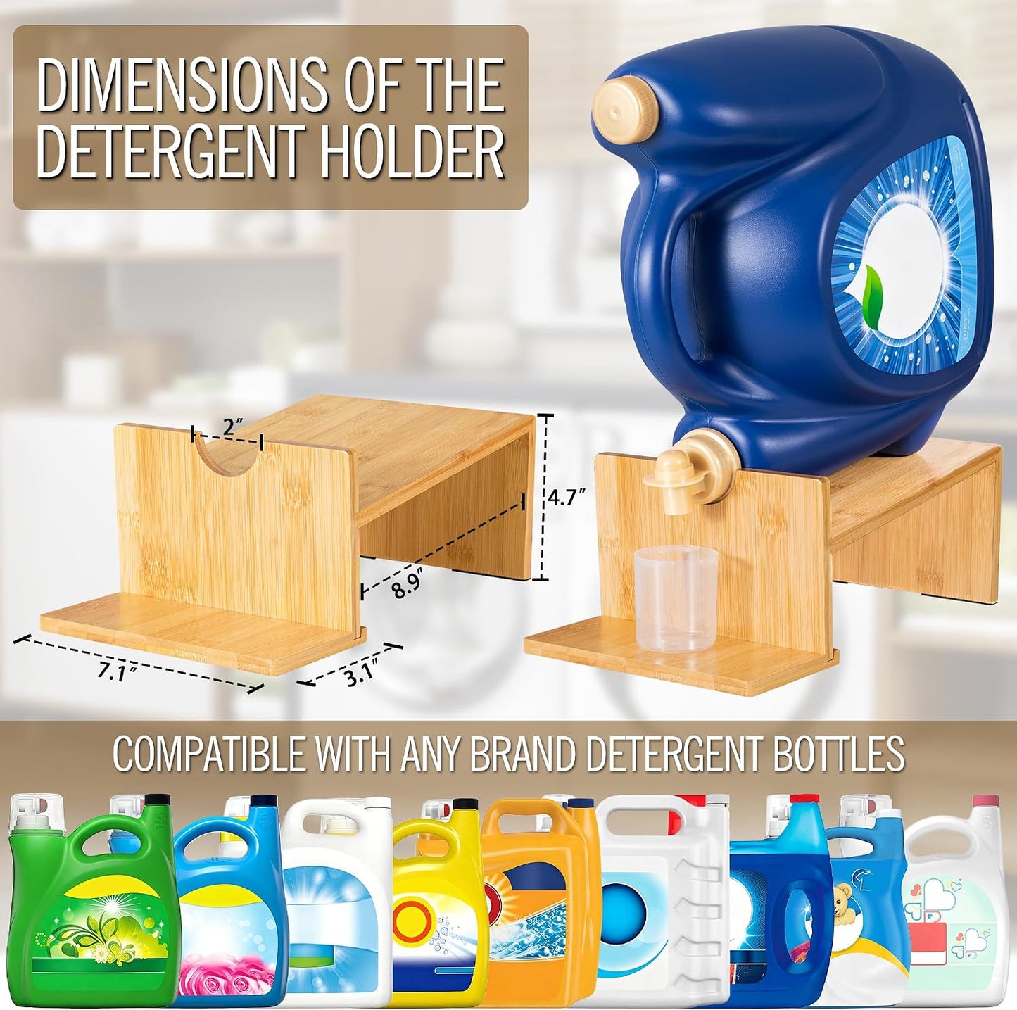 MyLifeUNIT Laundry Detergent Dispenser, 2 Pack Wooden Laundry Detergent Holder Stand with Tray for Laundry Room Organization and Storage