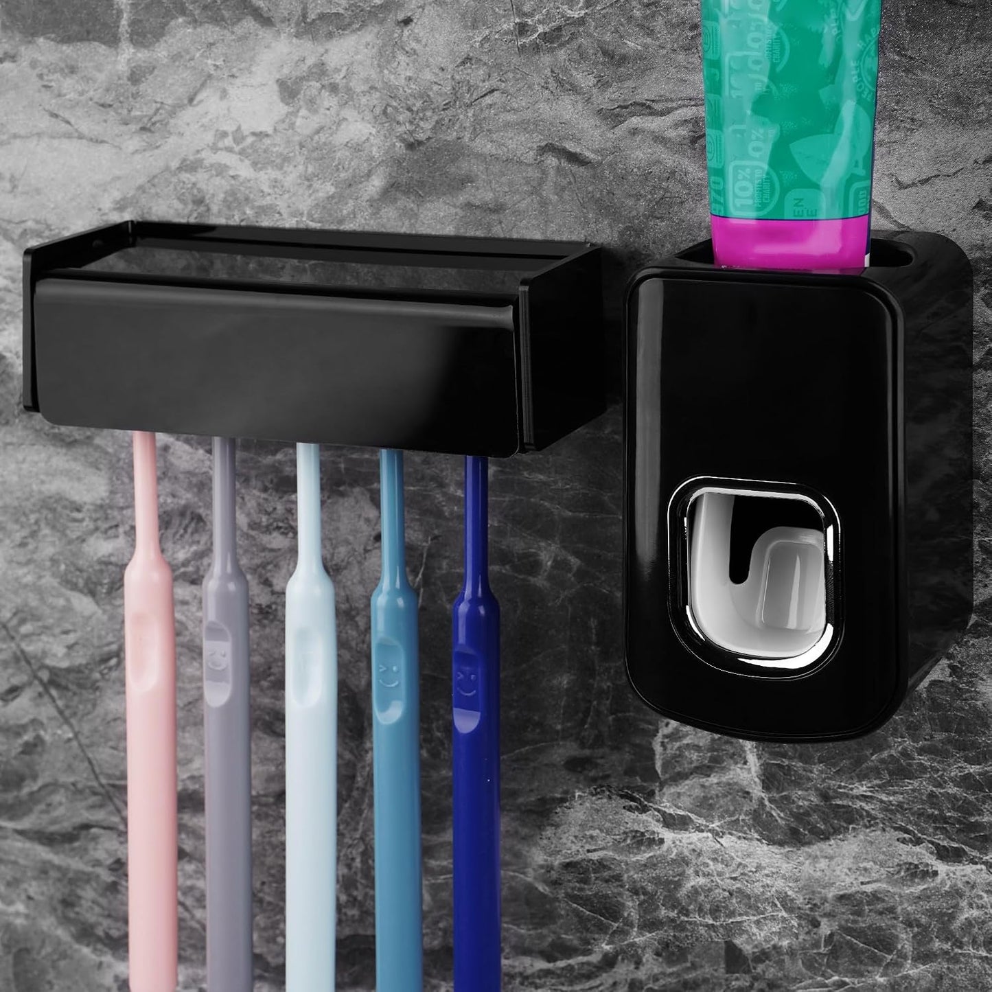 5 Slots Wall Mount Toothbrush Holder with Cover, Self Adhesive Toothbrush Storage Organizer for Shower, Toothbrush Hanger with Automatic Toothpaste Squeezer Dispenser