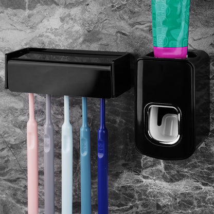 5 Slots Wall Mount Toothbrush Holder with Cover, Self Adhesive Toothbrush Storage Organizer for Shower, Toothbrush Hanger with Automatic Toothpaste Squeezer Dispenser