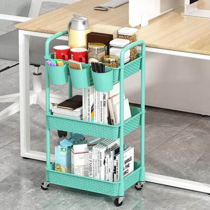 MOYIPIN 3-Tier Plastic Rolling Utility Cart with Handle,Utility Storage Cart for Office, Living Room, Kitchen,Movable Storage Organizer Shelves,White