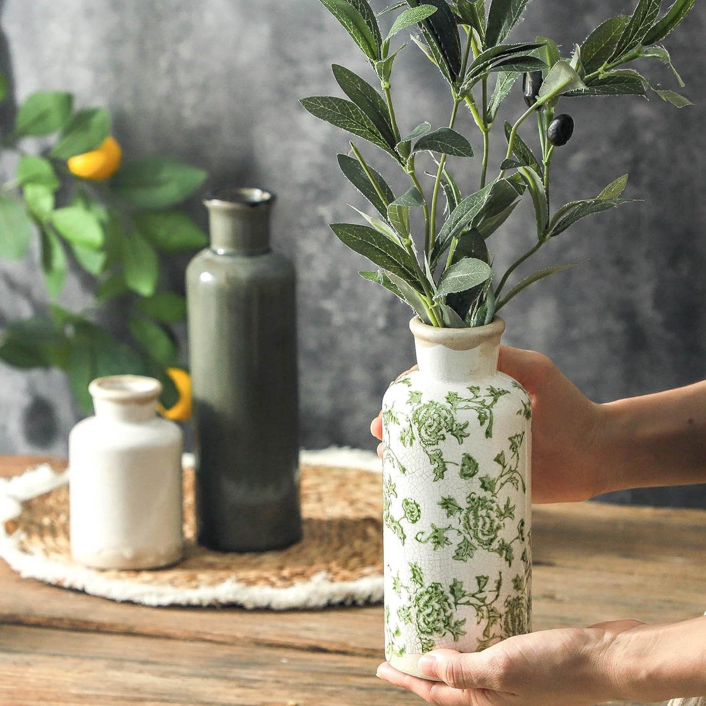 Ceramic Vase Set of 3, Neutral Flower Vases Home Decor, Pottery Rustic Farmhouse Decorative Vases Modern Decor for Table Mantel Entryway Bookshelf Living Room Kitchen Bedroom - Brown