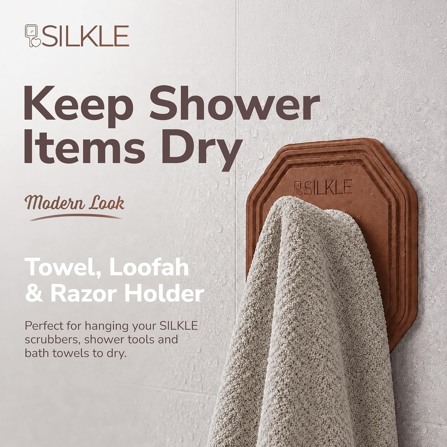 SILKLE Adhesive Silicone Shower Hooks - Adhesive Wall Hooks & Towel Holder for Bathroom, Tile, Glass, No-Drill, Waterproof & Rustproof, Heavy-Duty Stainless Steel, Damage-Free Removal - 2 Pack, Brown