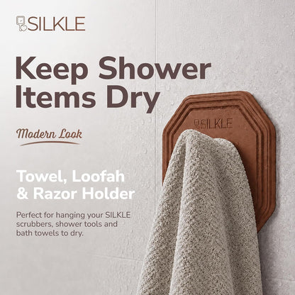 SILKLE Adhesive Silicone Shower Hooks - Adhesive Wall Hooks & Towel Holder for Bathroom, Tile, Glass, No-Drill, Waterproof & Rustproof, Heavy-Duty Stainless Steel, Damage-Free Removal - 2 Pack, Brown