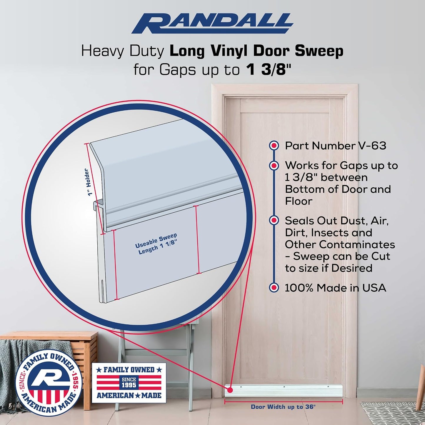 Randall Manufacturing V-63-BR All-Season Door Sweep, Heavy Duty Aluminum, Ideal for Residential & Commercial Use, Easy Installation with Heavy Rubber Seal, Ensure Comfort and Security (3 FT, Brown)