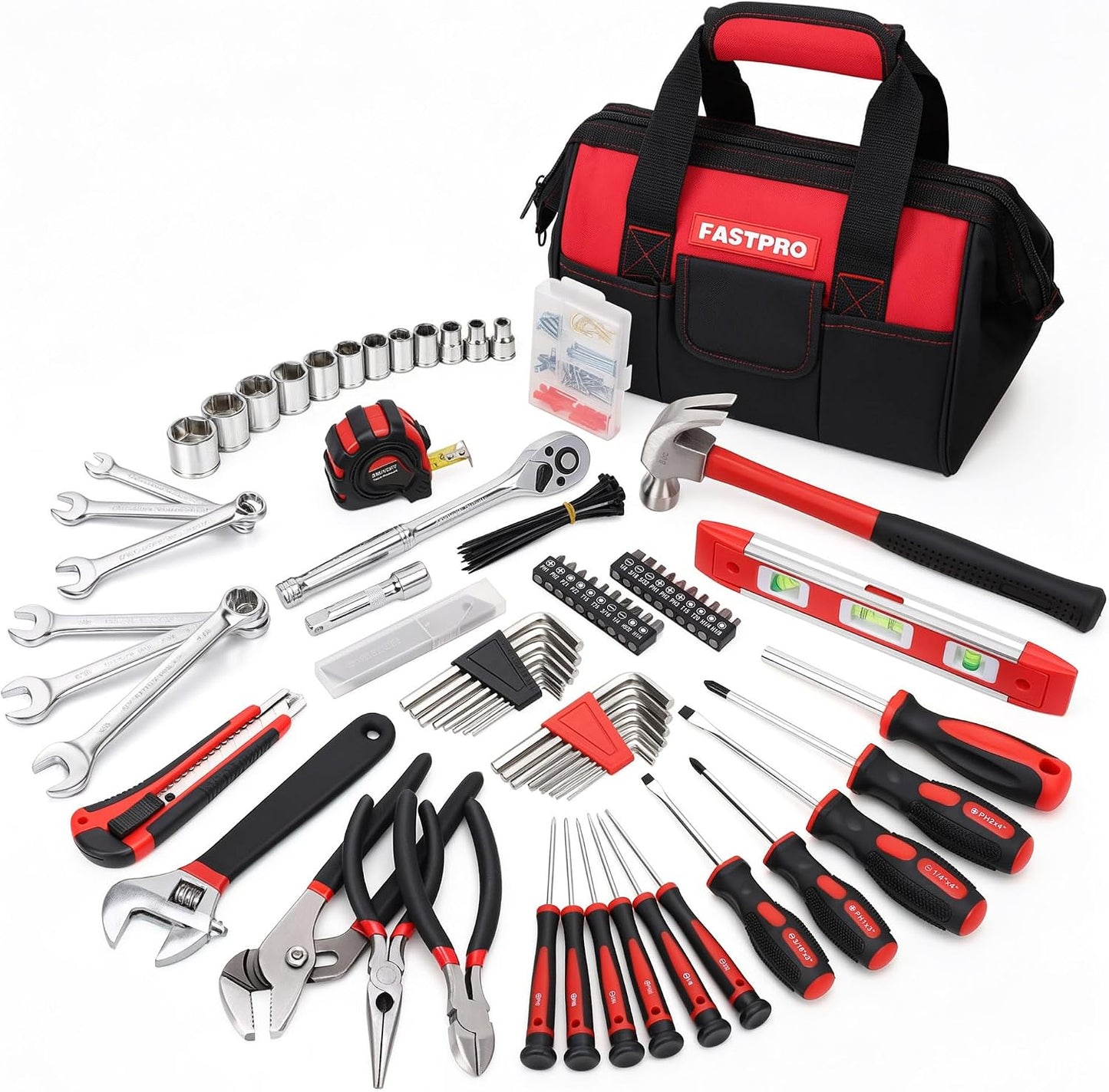 FASTPRO 236-Piece Home Repairing Tool Set, Mechanics Hand Tool Kit with 12-Inch Wide Mouth Open Storage Bag, Household Tool Set for DIY, Home Maintenance, Green