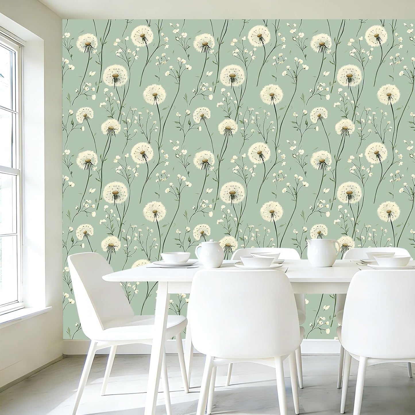 Dandelion Floral Peel and Stick Wallpaper Green Self Adhesive Removable Vinyl Wallpaper Botanical Floral Watercolor Boho Accent Wall for Bedroom Living Room Nursery 17.7" X 118"