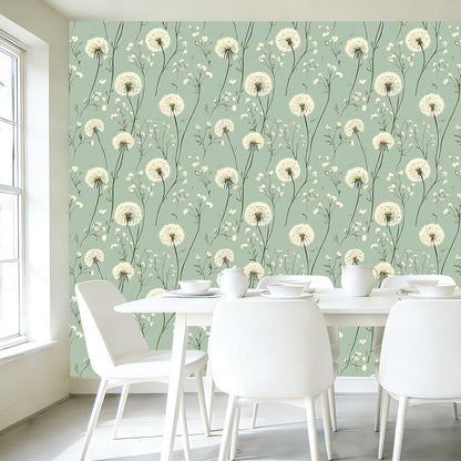 Dandelion Floral Peel and Stick Wallpaper Green Self Adhesive Removable Vinyl Wallpaper Botanical Floral Watercolor Boho Accent Wall for Bedroom Living Room Nursery 17.7" X 118"